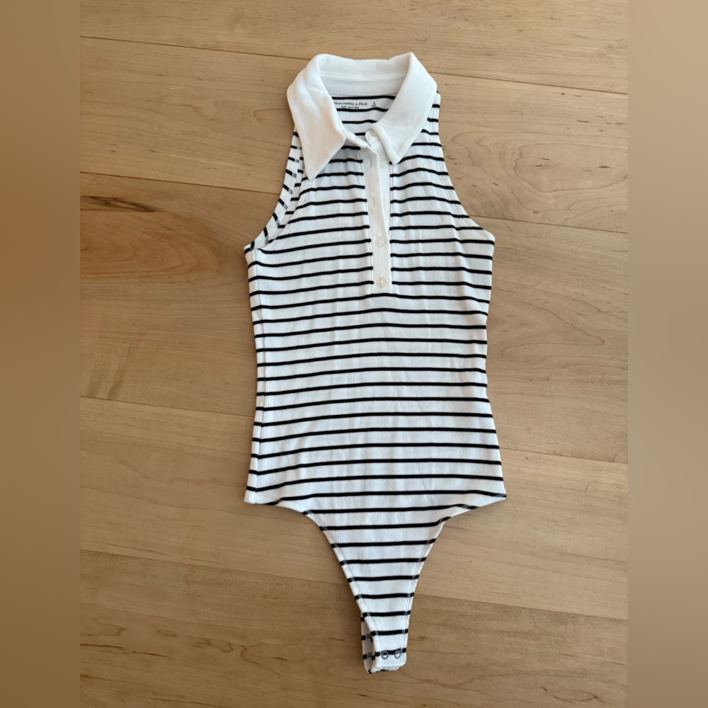 Abercrombie & Fitch White and Black Striped Sleeveless Polo Bodysuit